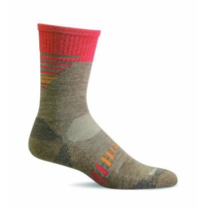 green/gray sock with bright pink and orange accents at top and toe