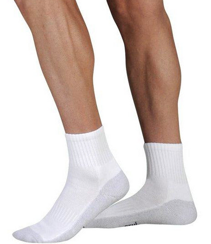 person wearing white ankle socks with silver treated fabric on the bottom